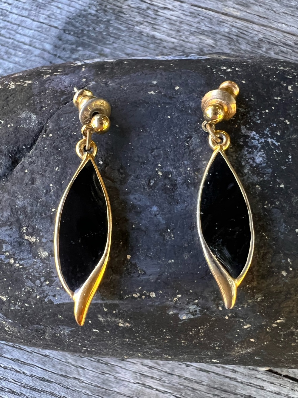Gold and Black Leaf Drop Earrings & Pearl CZ Stud Earrings.